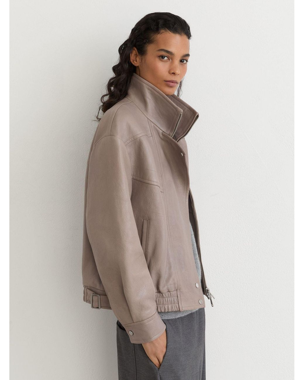 Reiss Natural Petra - Grey Petite Textured Leather Oversized Jacket, Us 8