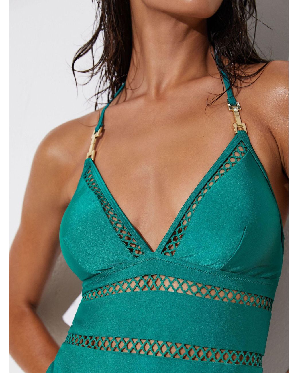 Reiss Blue Shimmer Lattice-Trim Swimsuit