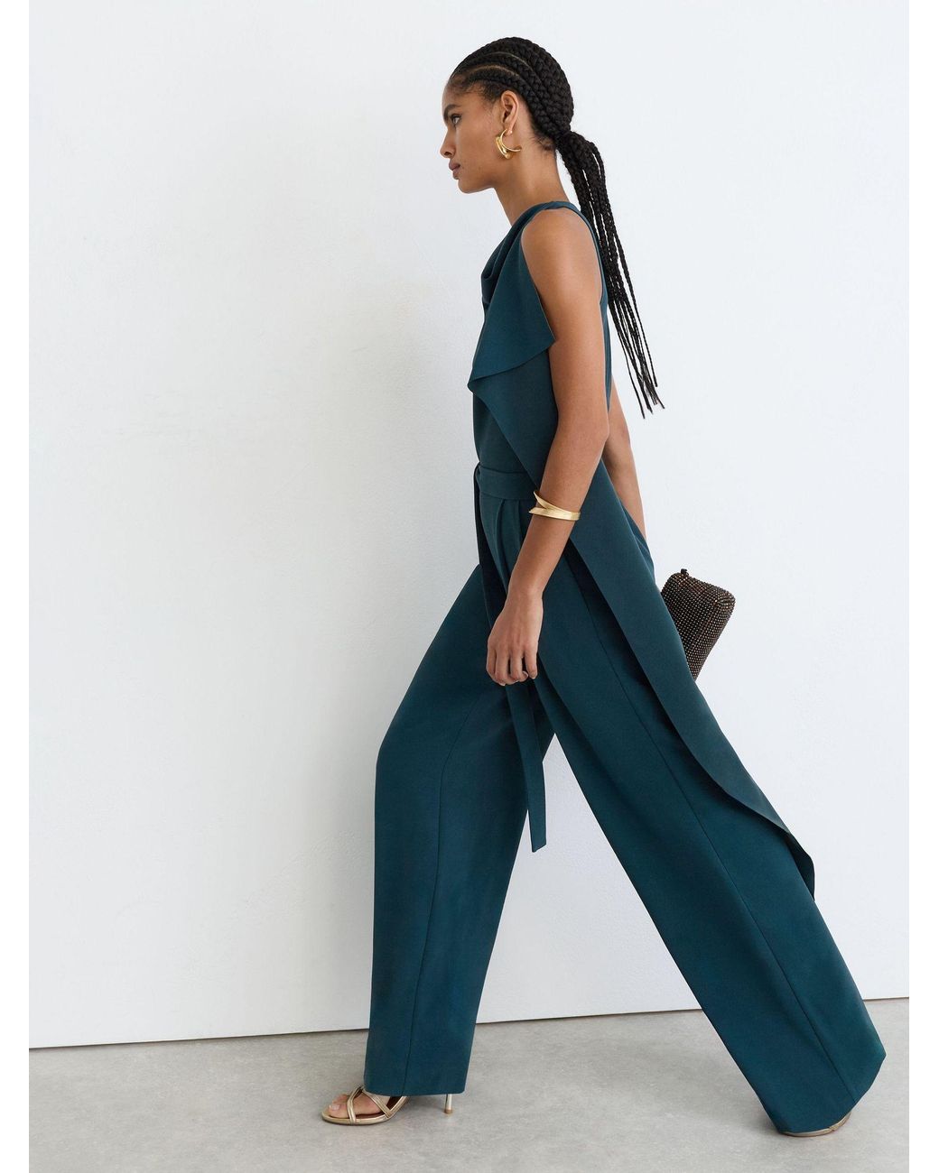 Reiss Blue Kelly - Teal Green Draped-detail Belted Wide-leg Jumpsuit, Us 10