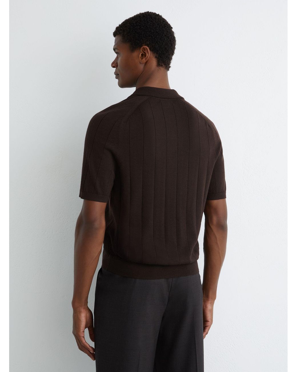 Reiss Black Chelmsford - Chocolate Brown Wool Wide-rib Polo Jumper, M for men