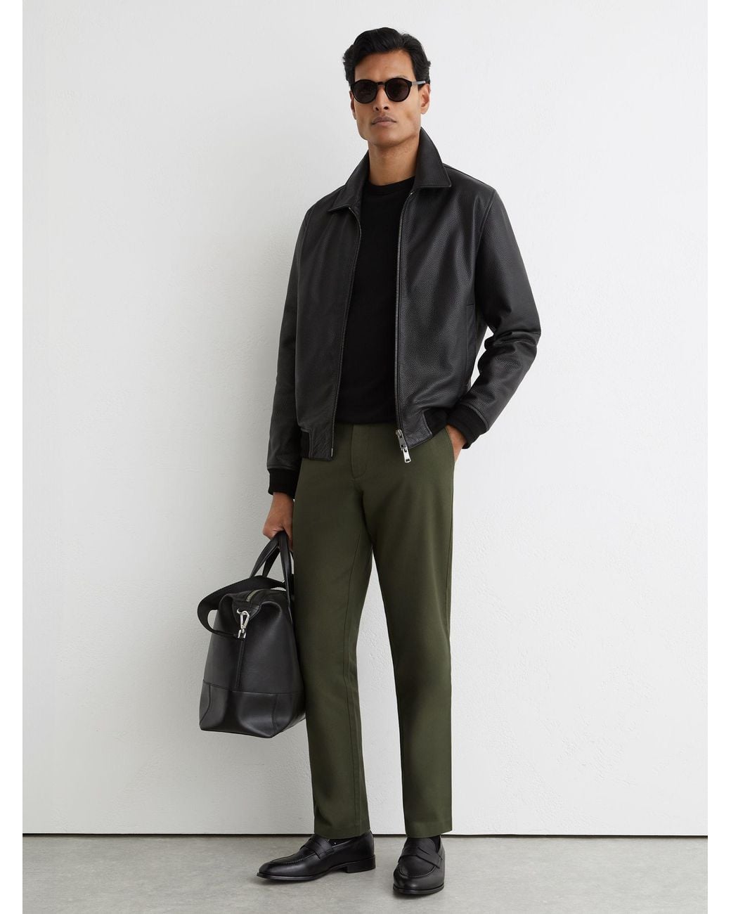 Reiss Black Cotton Piqué Chino Trousers for men