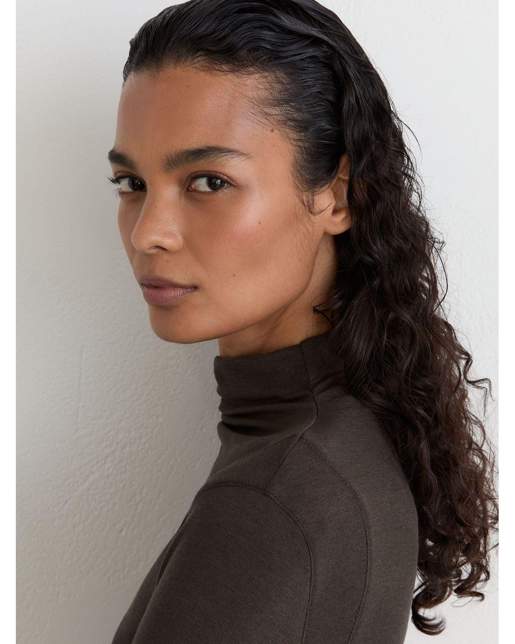 Reiss Black Lyocell-Wool Ruched Mock-Neck Top
