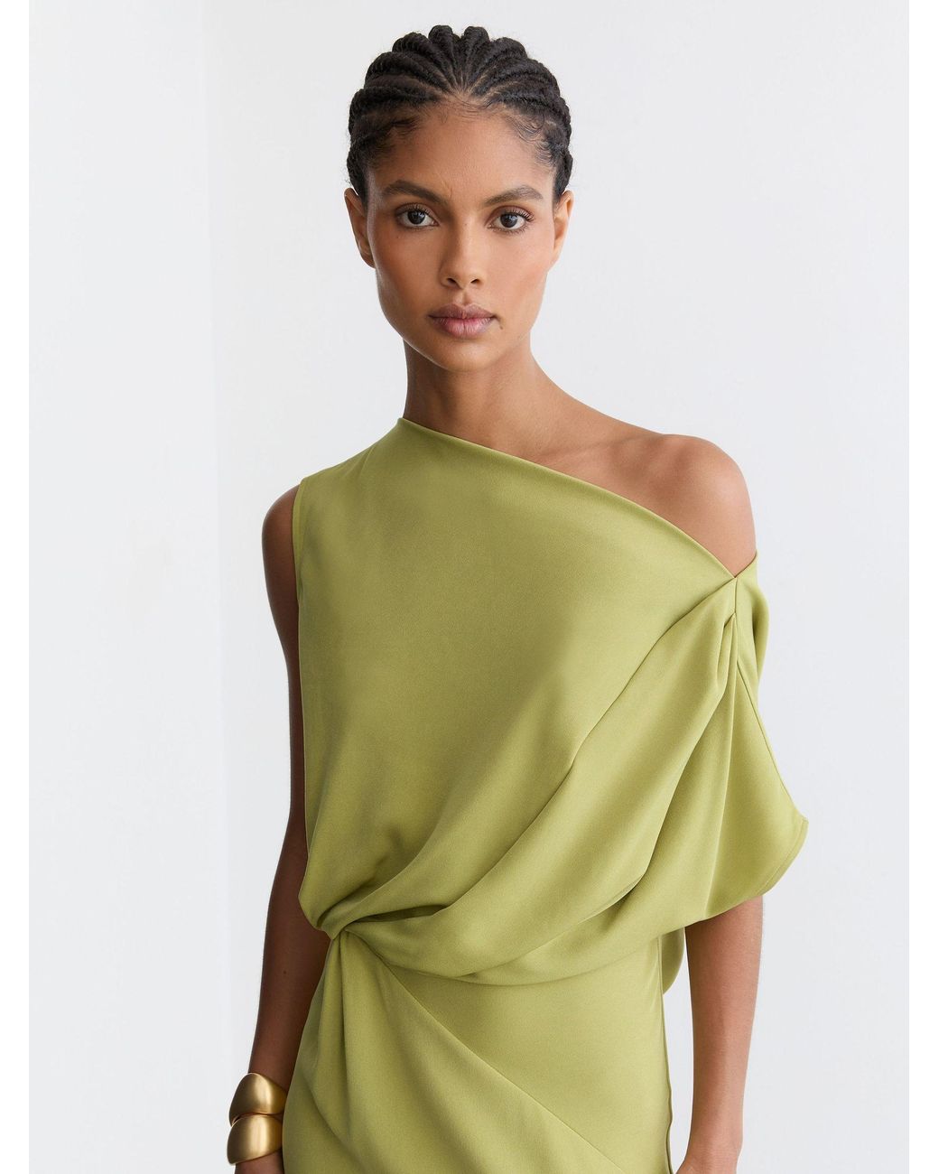 Reiss Green Off-Shoulder Tuck-Detail Midi Dress