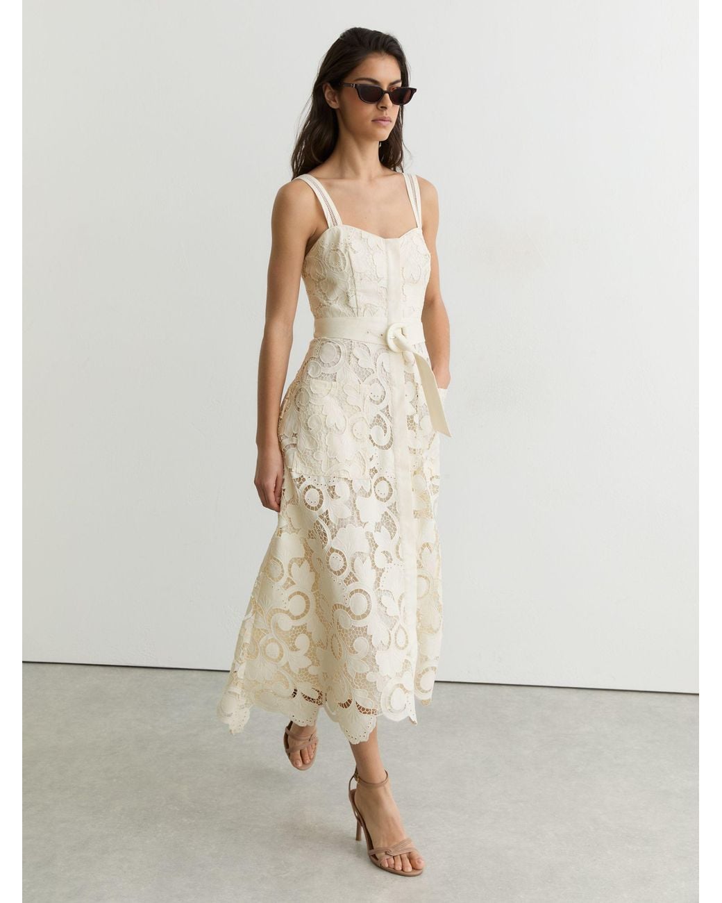 Reiss Natural Kerina - Cream Cotton-blend Lace Button-front Midi Dress, Us 0