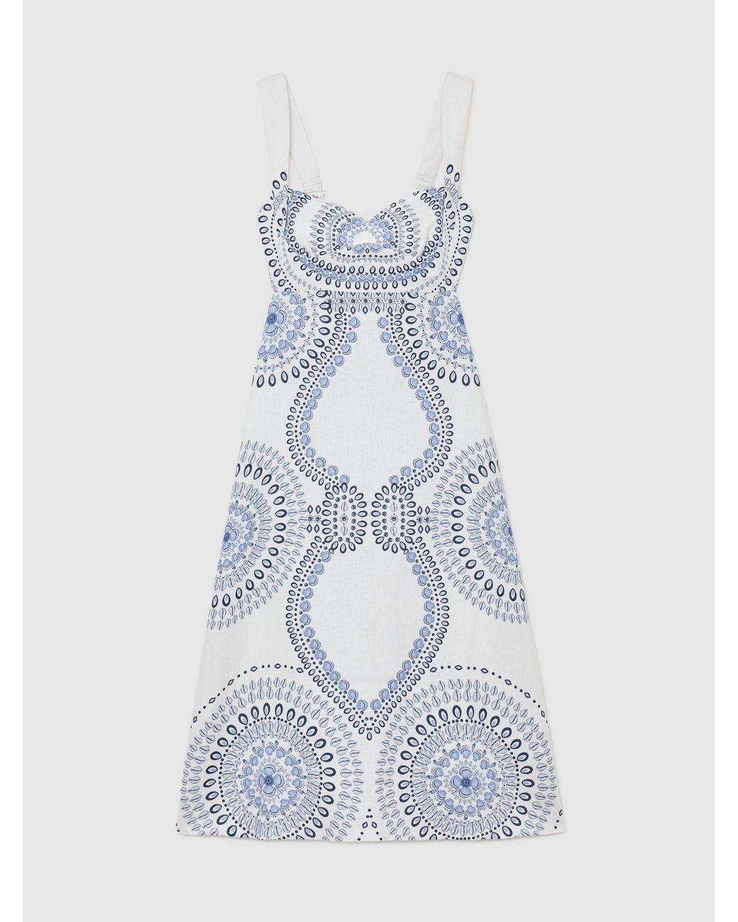 Reiss White Addison - Ivory/blue Linen Shell-print Tie-back Midi Dress, Us 14