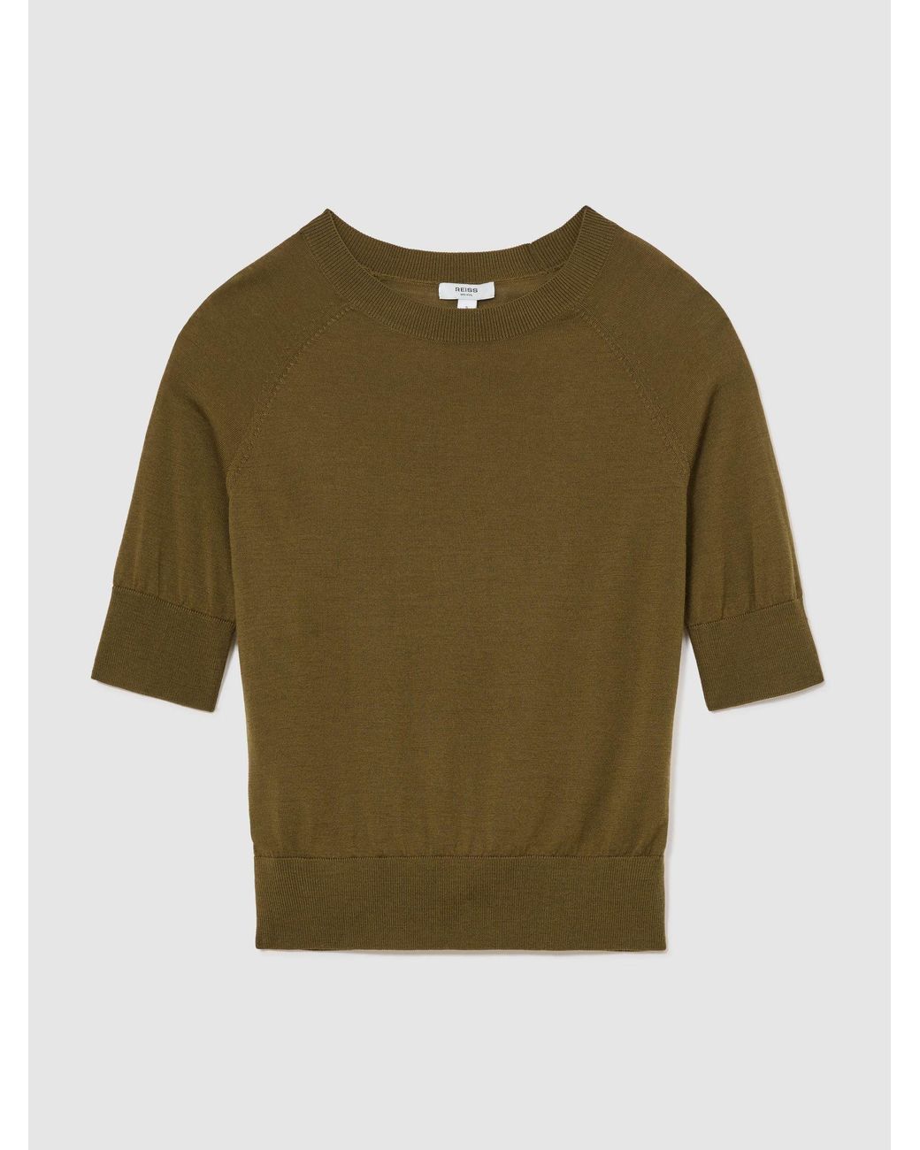 Reiss Suzzie - Khaki Green Ultra-soft Merino Wool Crew-neck T-shirt, L (us 12-14)