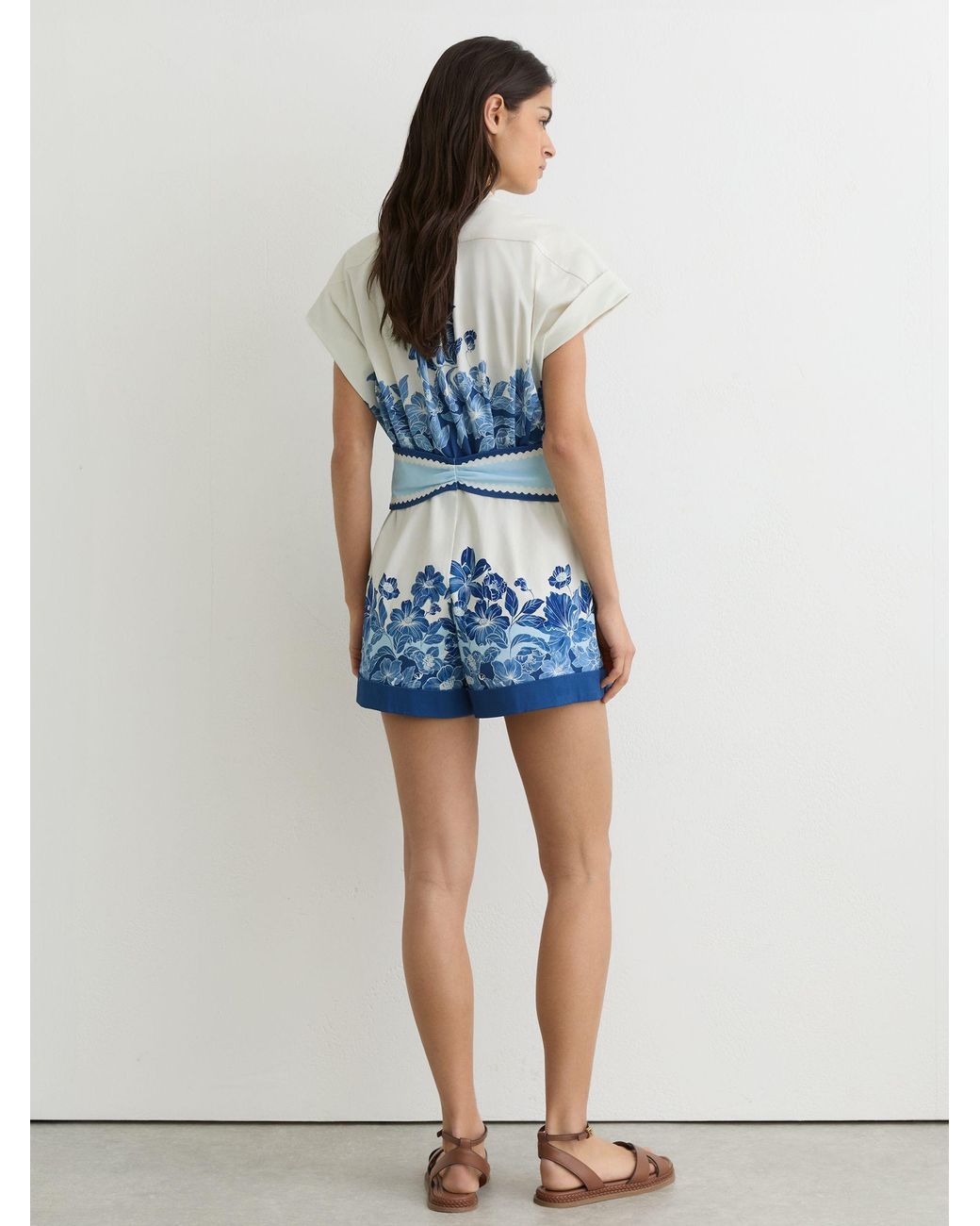 Reiss Blue Cotton Floral-Print Belted Playsuit With Stretch