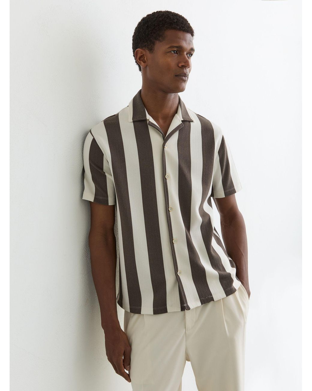 Reiss Natural Off Block-Stripe Cuban-Collar Shirt for men