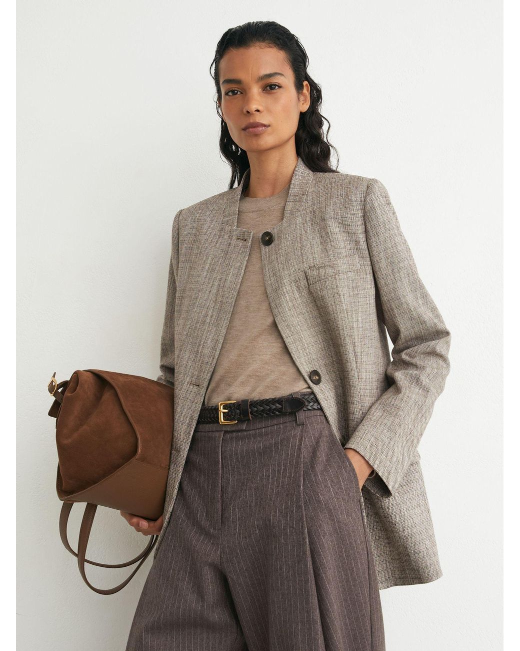 Reiss Brown Wool-Blend Collarless Blazer