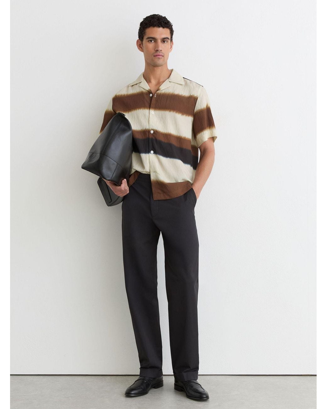 Reiss White Block-Stripe Cuban-Collar Shirt for men