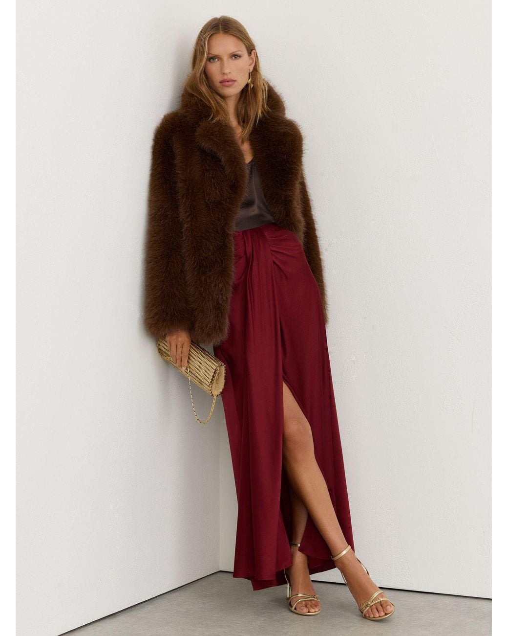Reiss Red Silk Drape-Detail Maxi Skirt