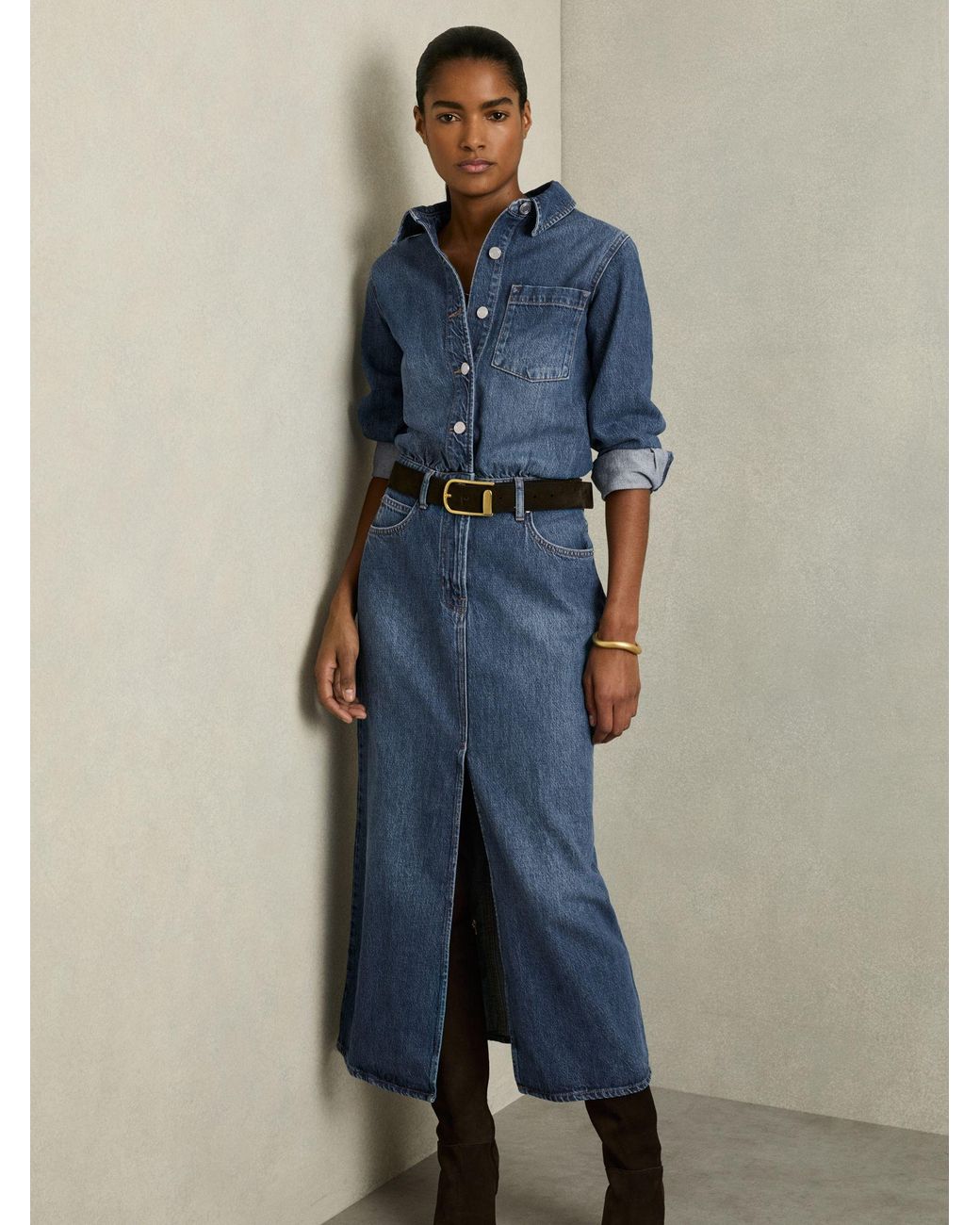 Reiss Blue Terra - Indigo Petite Denim Button-through Midi Dress, Us 12