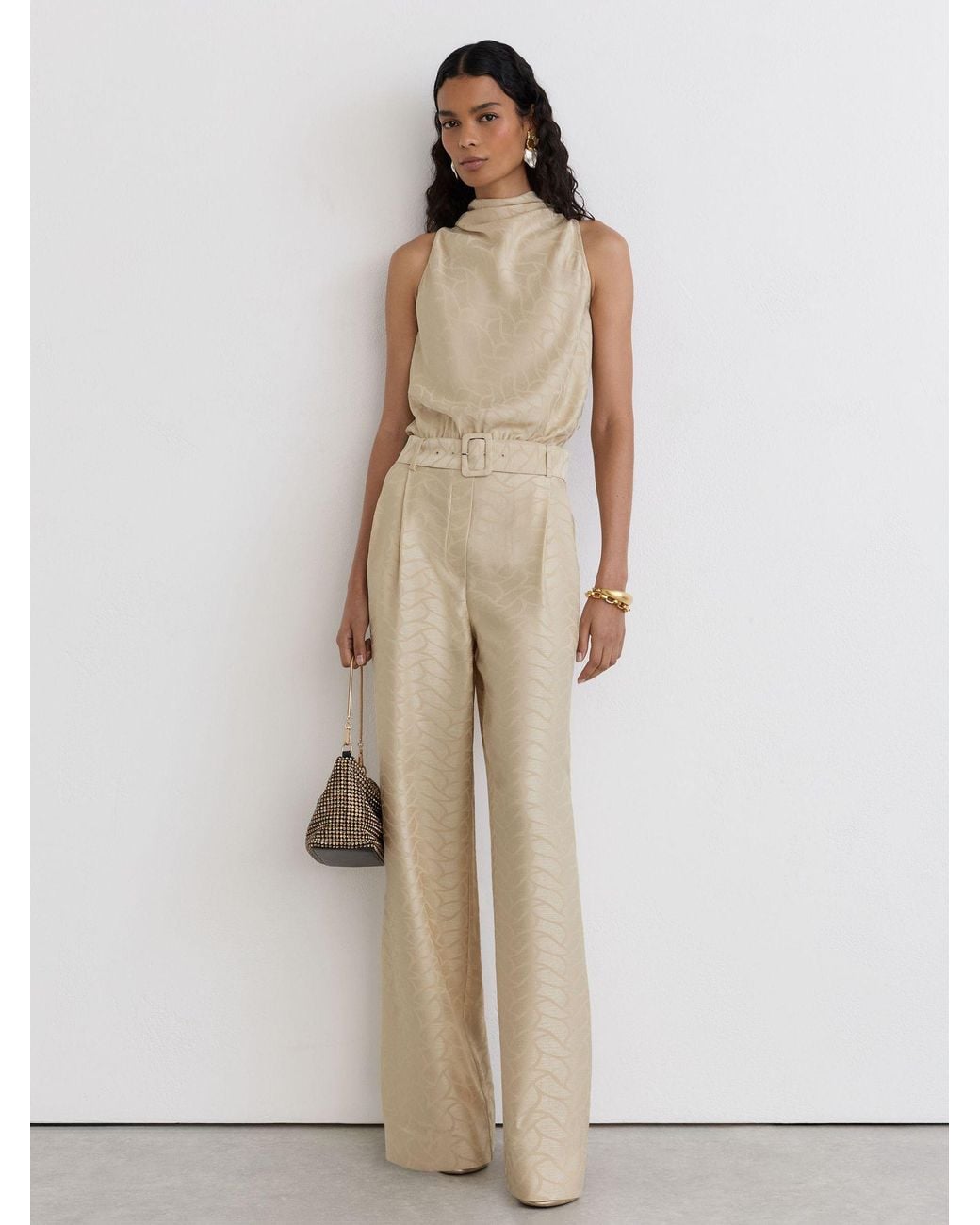 Reiss Natural Jacquard Cowl-Neck Belted Jumpsuit