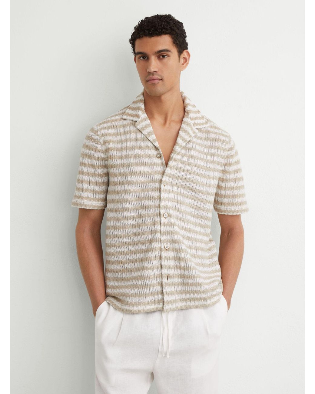 Reiss White Oatmeal Striped Crochet Cuban-Collar Shirt for men