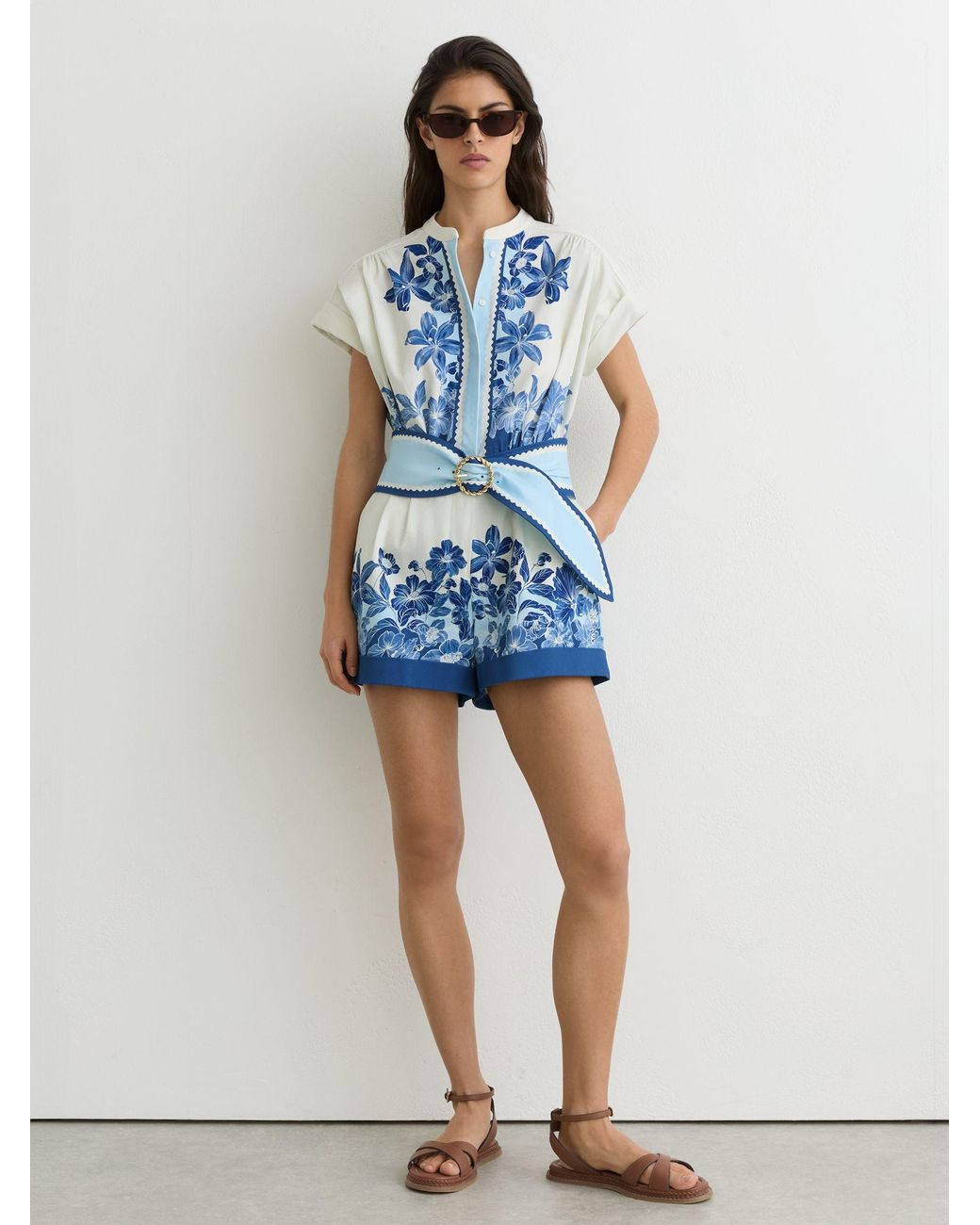 Reiss Blue Cotton Floral-Print Belted Playsuit With Stretch