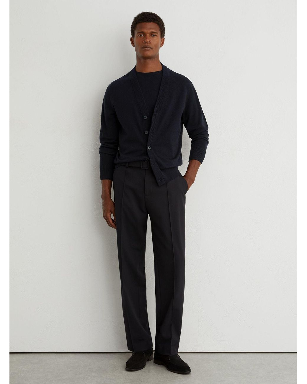 Reiss Blue Merino Wool V-Neck Cardigan for men