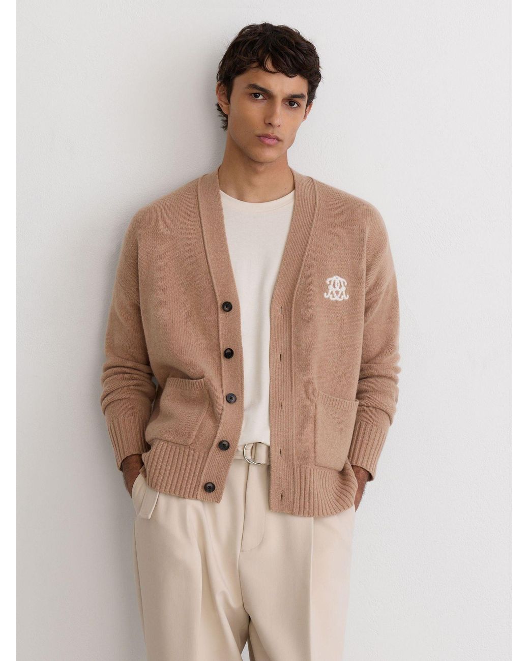 Reiss Natural Norris - Camel Brown Monogram Embroidered Relaxed Wool Cardigan, L for men