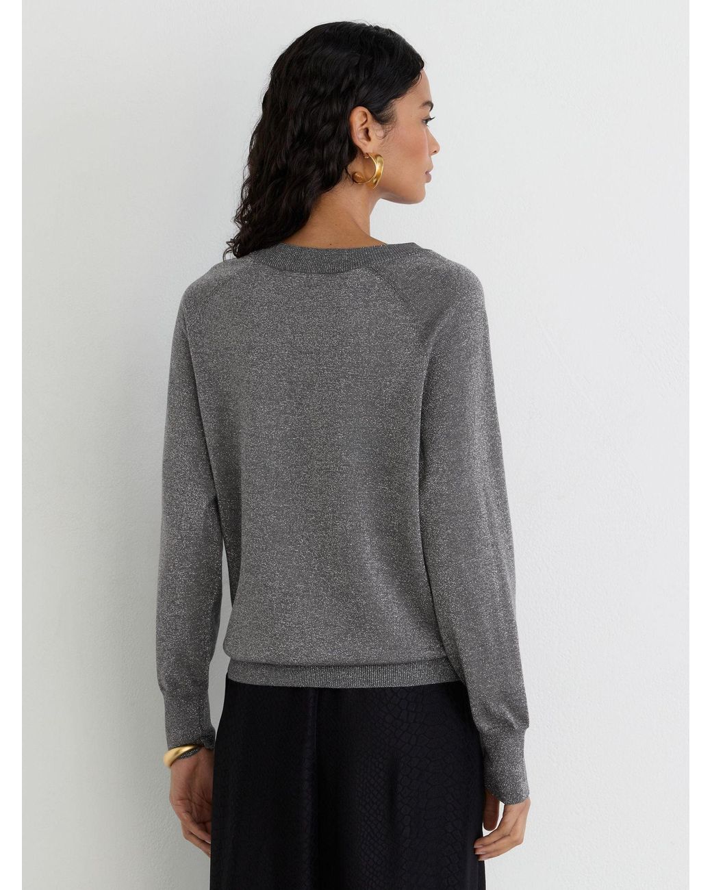 Reiss Gray Wool-Blend Metallic-Knit V-Neck Jumper
