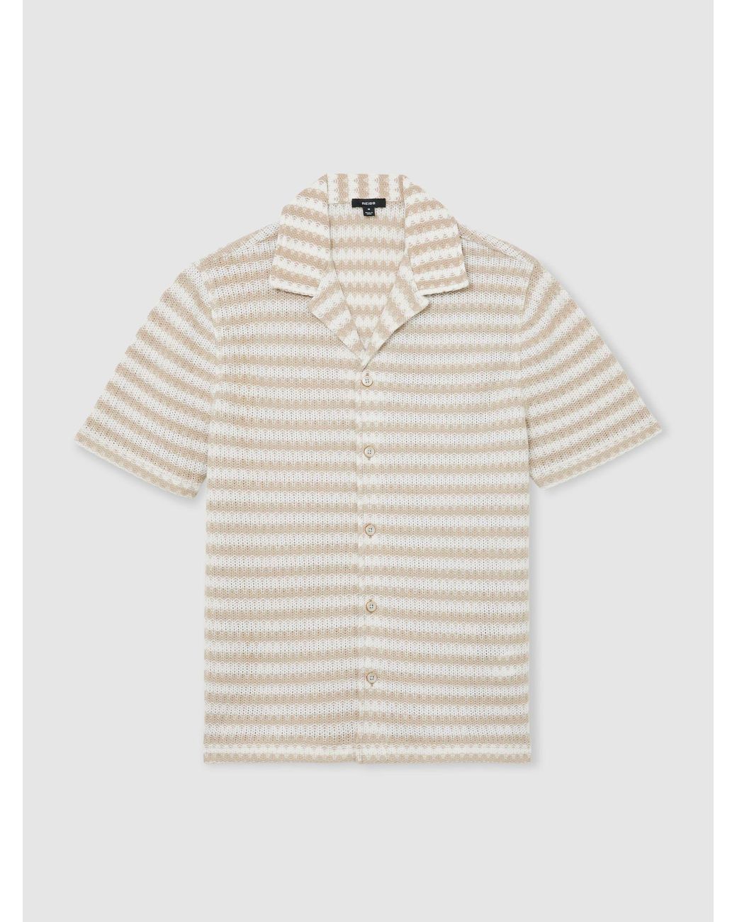 Reiss White Oatmeal Striped Crochet Cuban-Collar Shirt for men