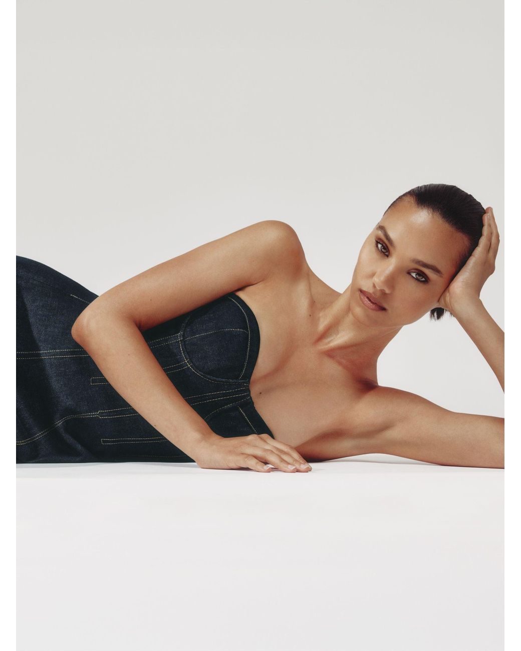 Reiss Blue Strapless Structured Denim Midi Dress