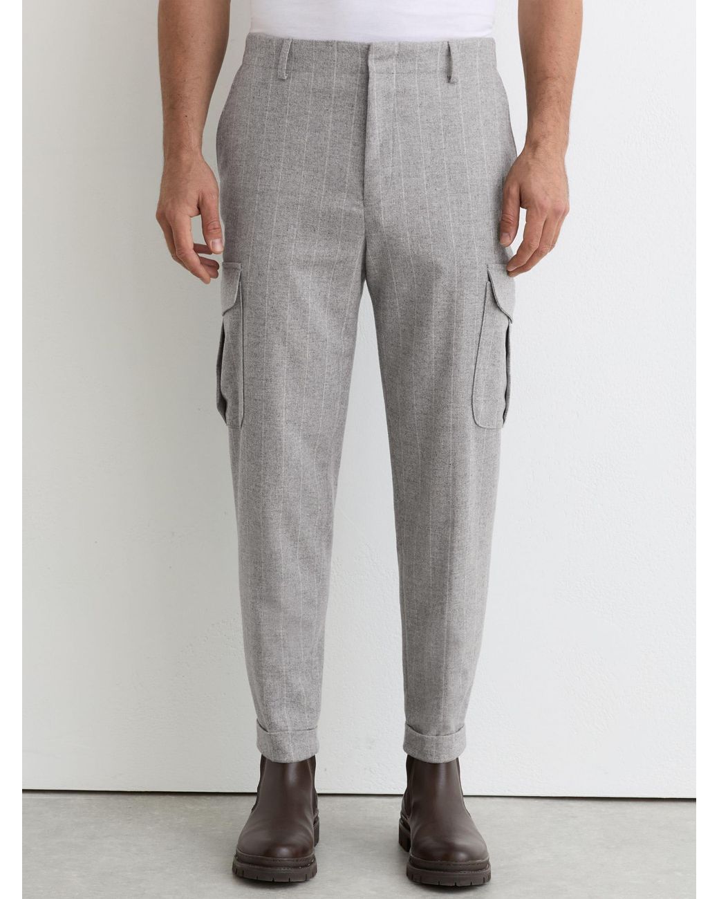 Reiss Gray Wool-Blend Flannel Pinstripe Cargo Trousers for men