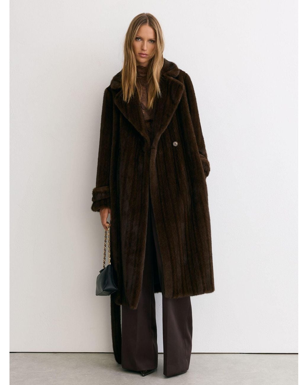 Reiss Black Faux-Fur Double-Breasted Long Coat