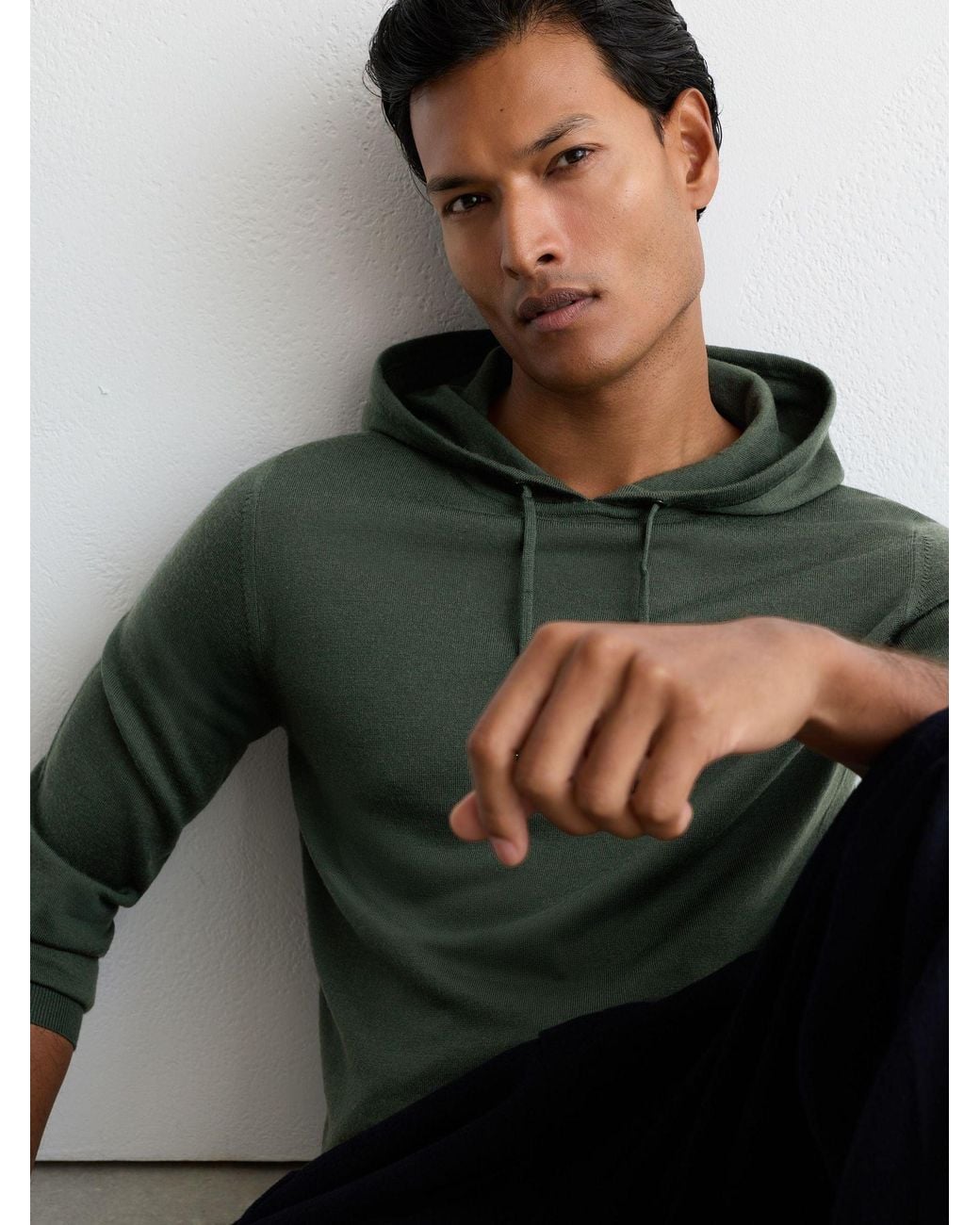 Reiss Green Merino Wool Drawstring Hoodie for men