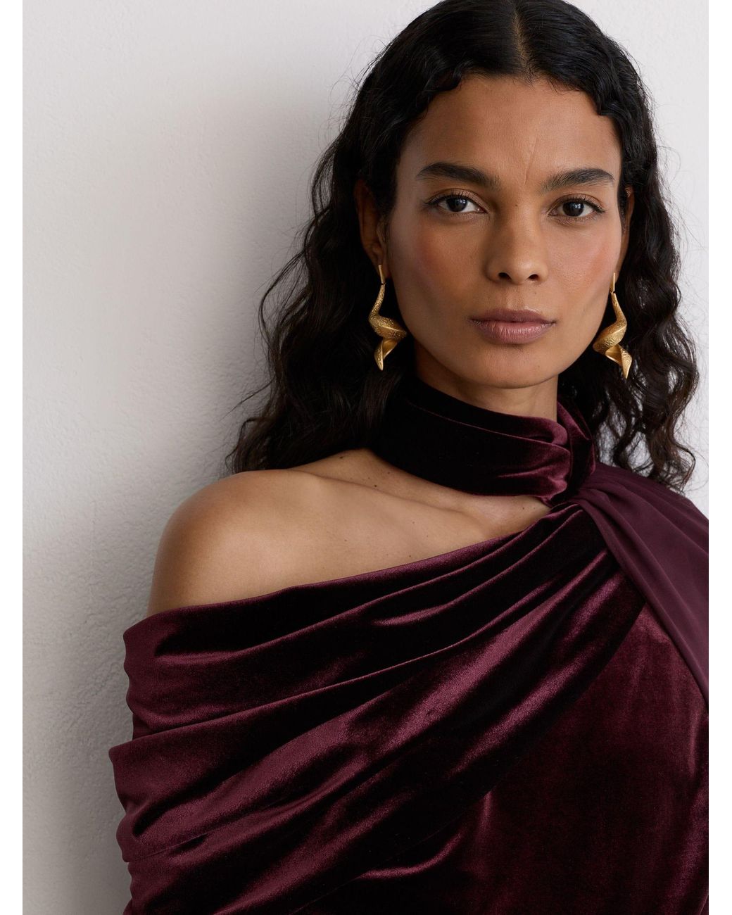 Reiss Red Petite Velvet Drape-Detail One-Shoulder Jumpsuit