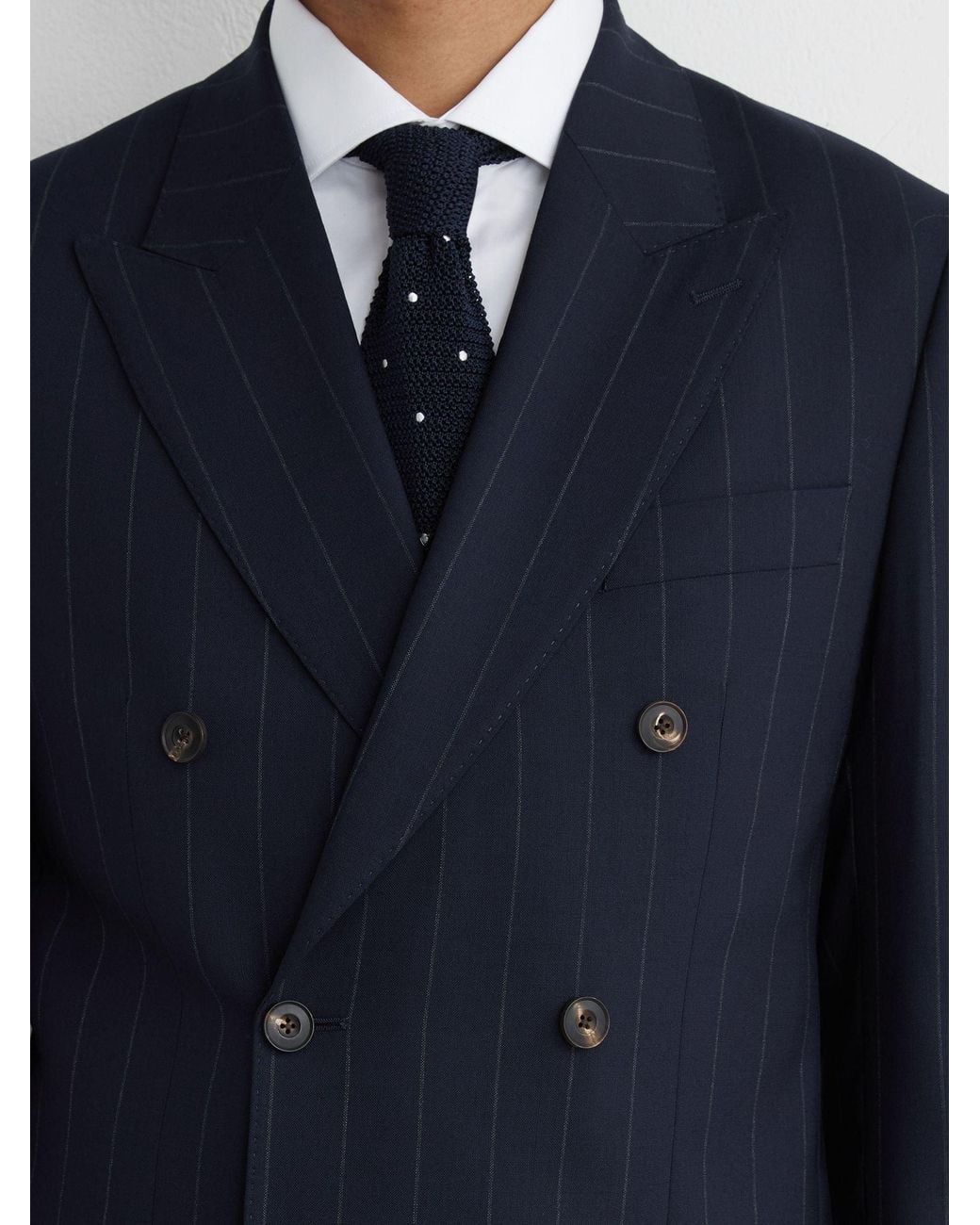 Reiss Blue Virgin Wool Pinstripe Double-Breasted Suit Blazer Tailored-Fit for men