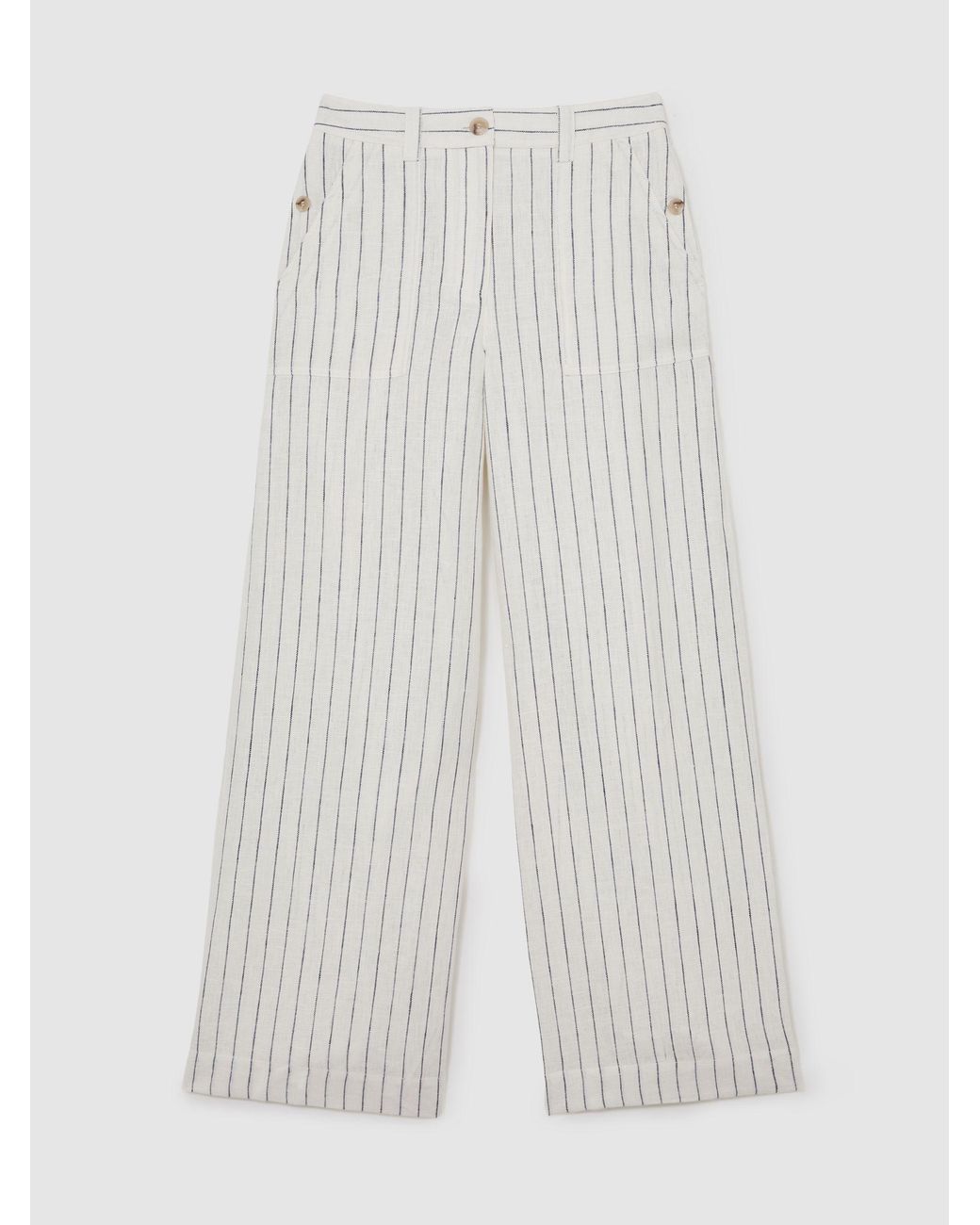 Reiss White Linen Pinstripe Wide-Leg Trousers