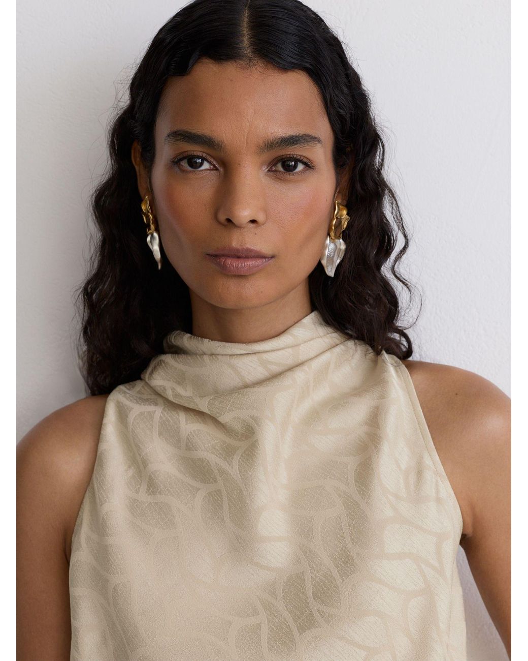 Reiss Natural Jacquard Cowl-Neck Belted Jumpsuit