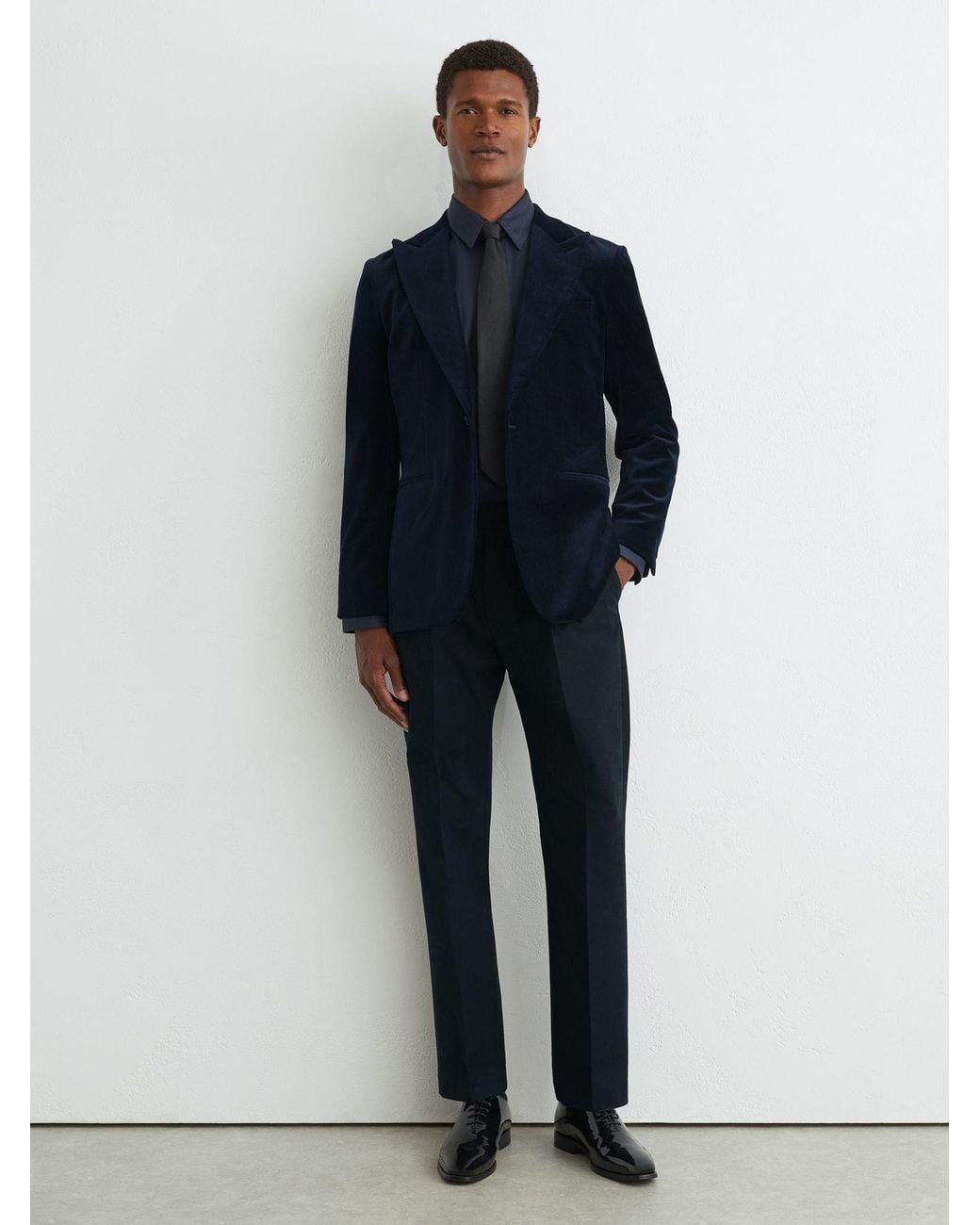 Reiss Blue Cotton-Blend Moleskin Tapered Trousers for men