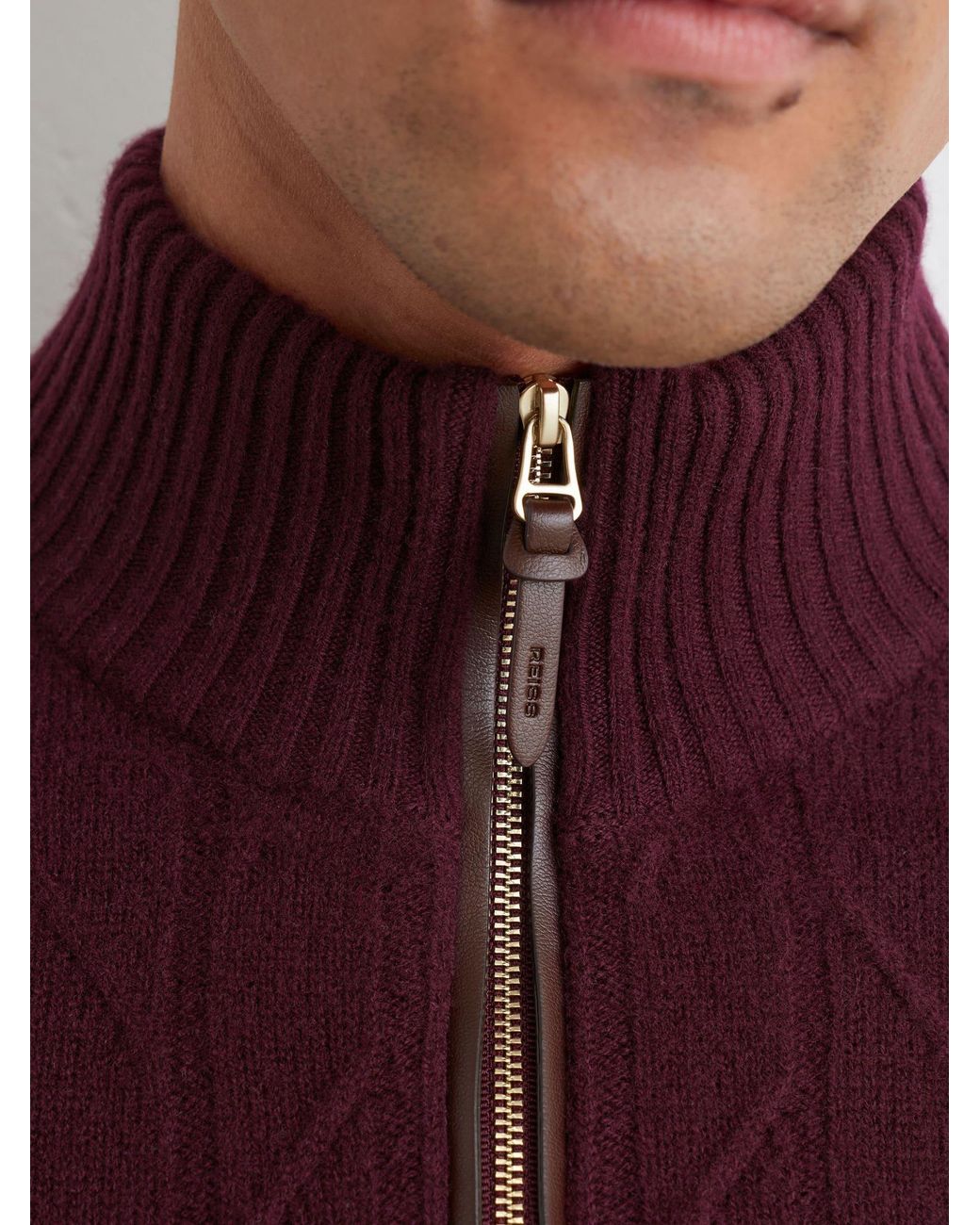 Reiss Purple Douglas - Bordeaux Wool Stitch-detail Half-zip Jumper, L for men