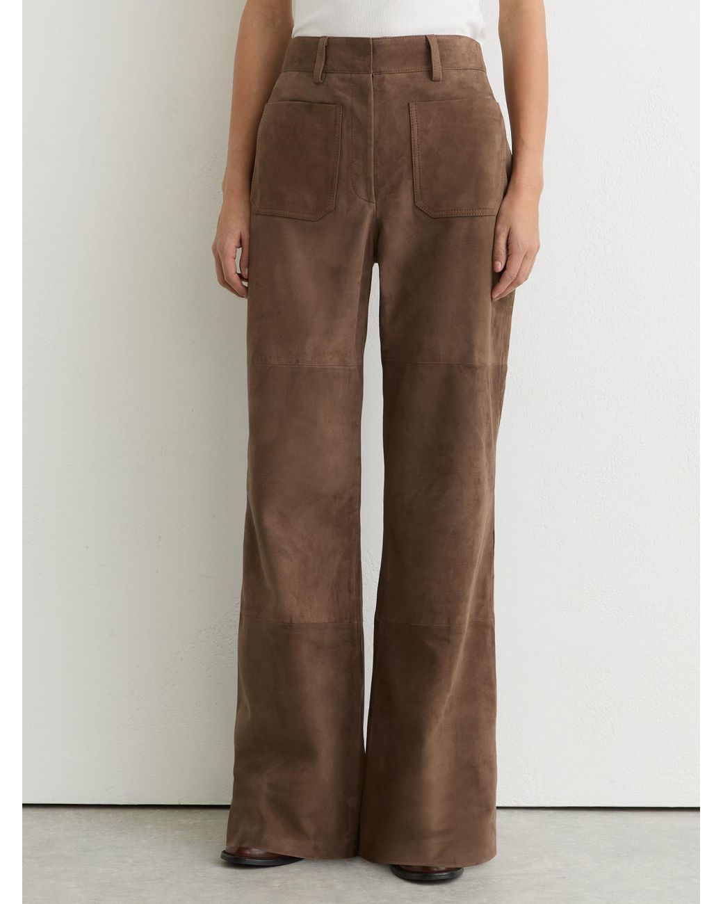 Reiss Natural Priya - Taupe Neutral Suede Patch-pocket Flared Trousers, Us 12 R