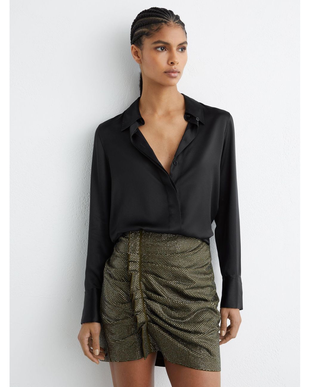 Reiss Green Crystal-Embellished Ruched Mini Skirt