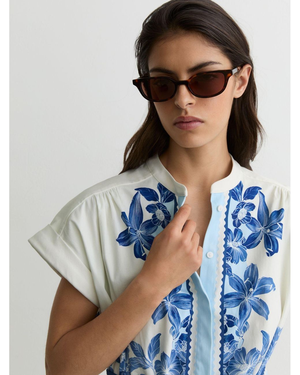 Reiss Blue Cotton Floral-Print Belted Playsuit With Stretch