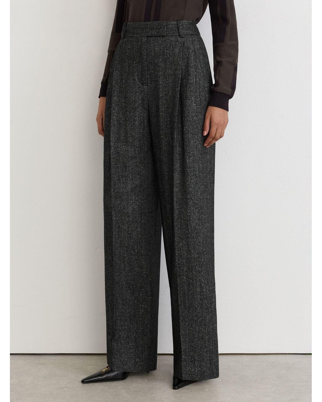 Reiss Black Wool-Silk Herringbone Wide-Leg Trousers