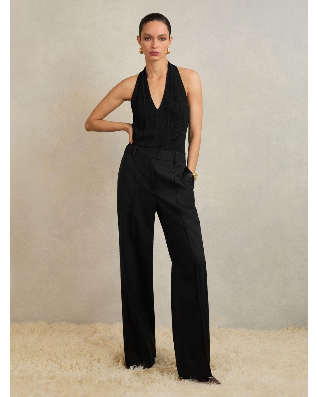 Reiss Black Atelier Stitch-Detail Halter Bodysuit