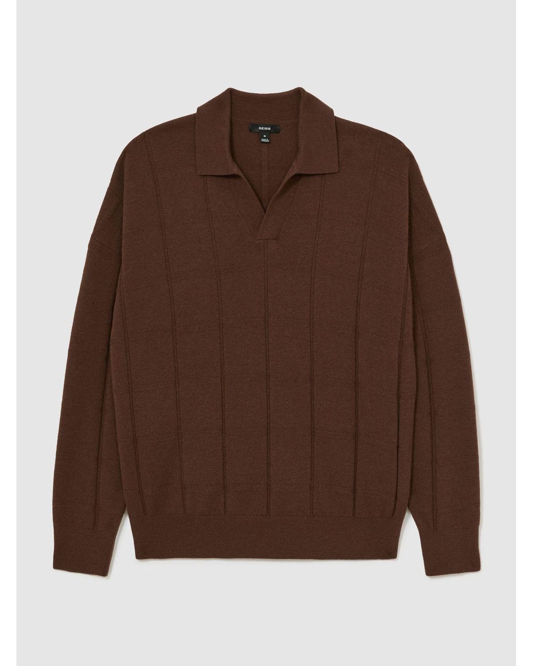 Reiss Brown Wool Square-Textured Open-Collar Polo Jumper for men