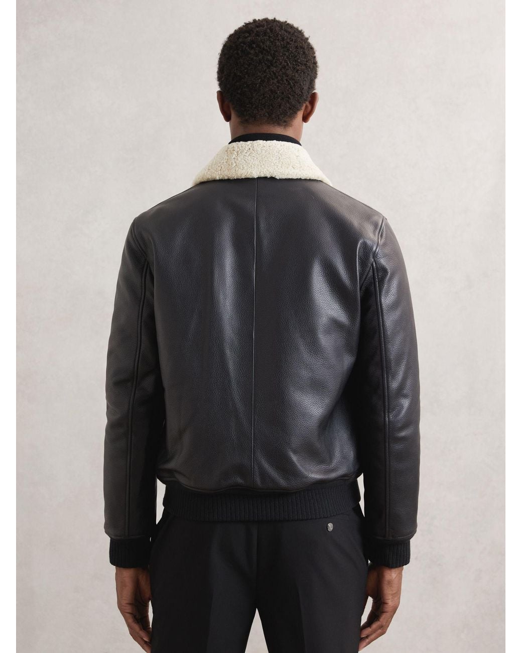 Reiss Gray Leather Shearling-Collar Bomber Jacket for men