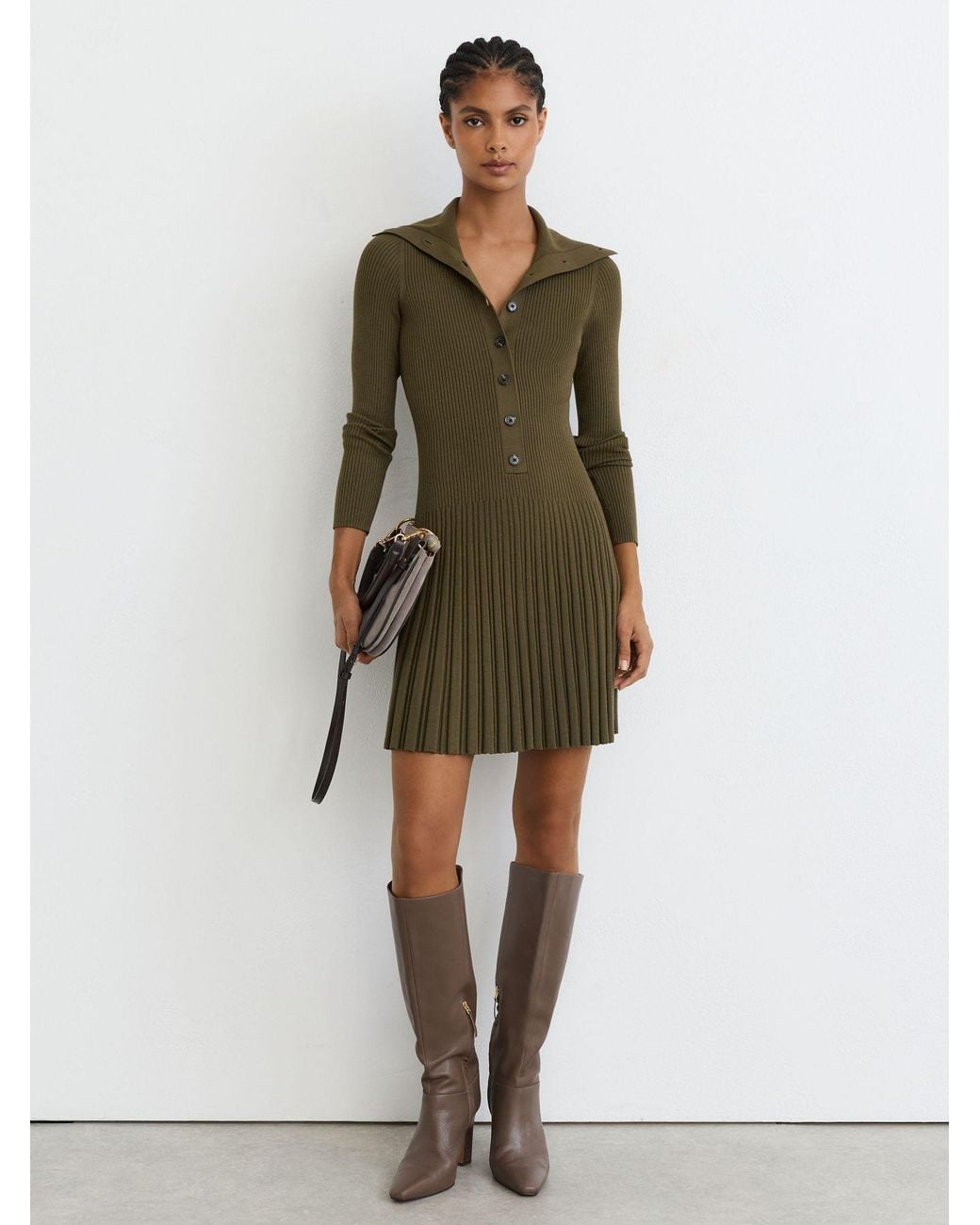 Reiss Green Rib-Knit Pleated Half-Button Mini Dress