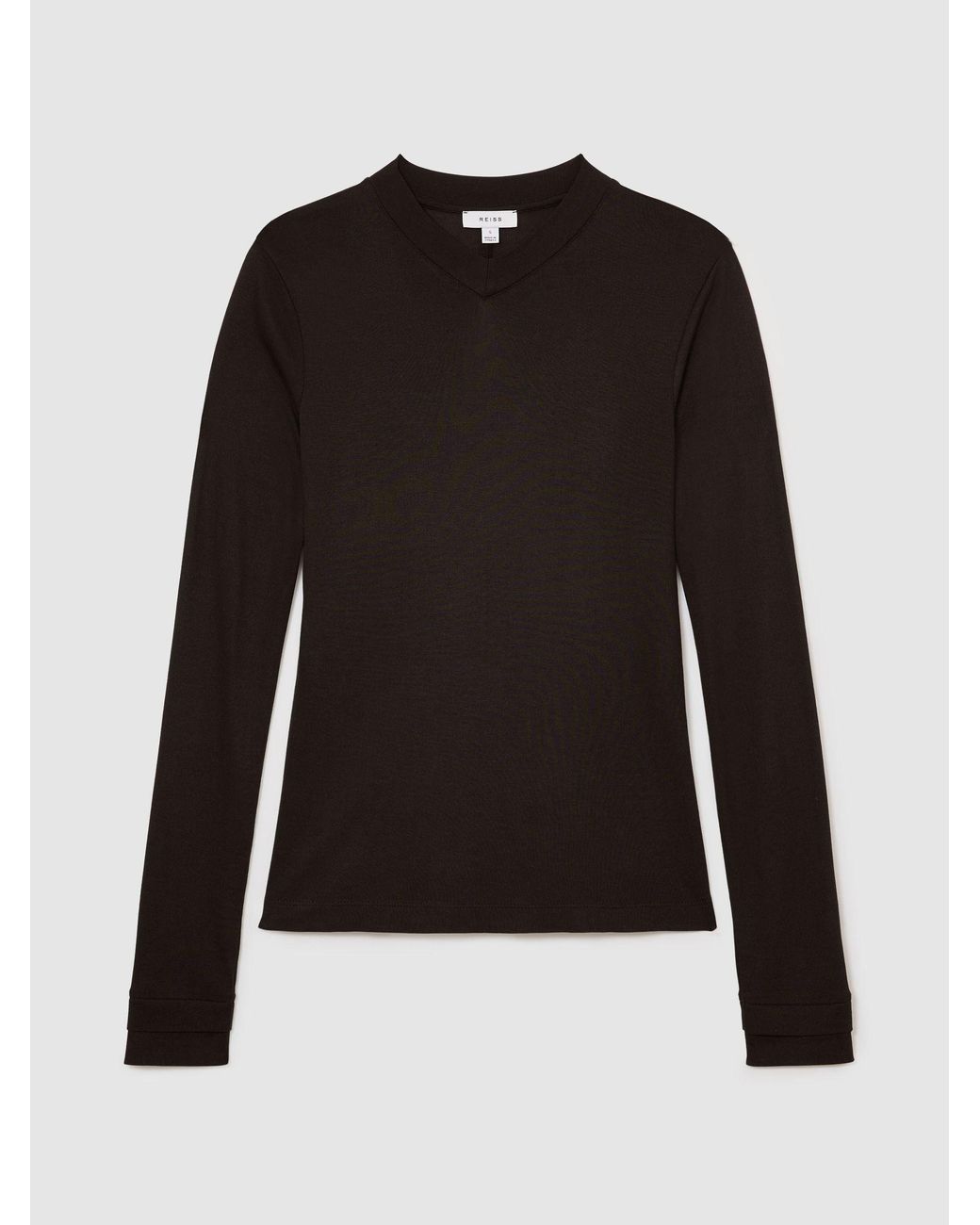 Reiss Black High V-Neck Long-Sleeve Top