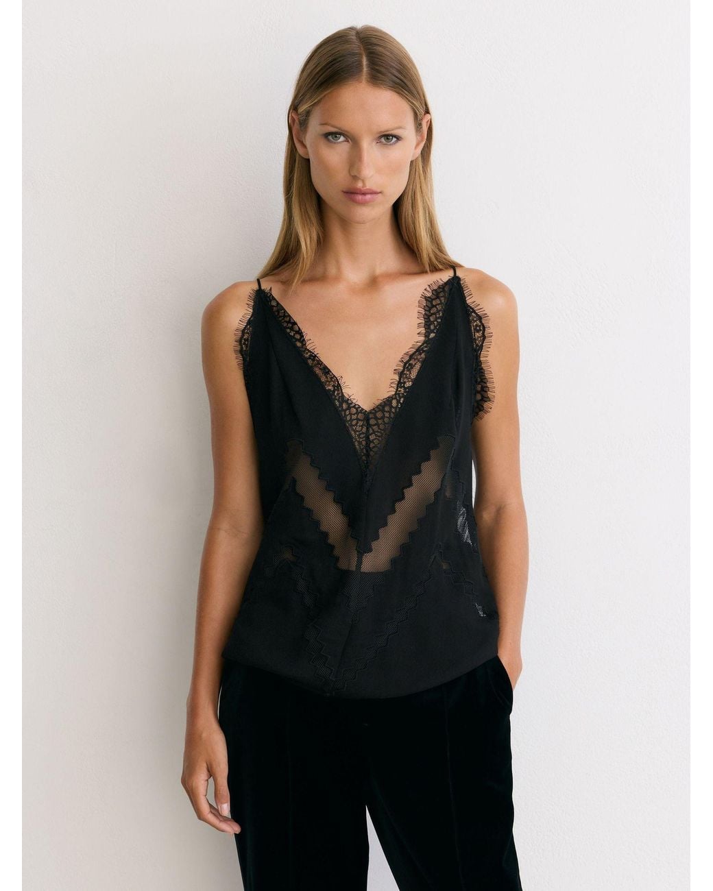Reiss Black Lace-Trim Mesh-Detail Cami Top