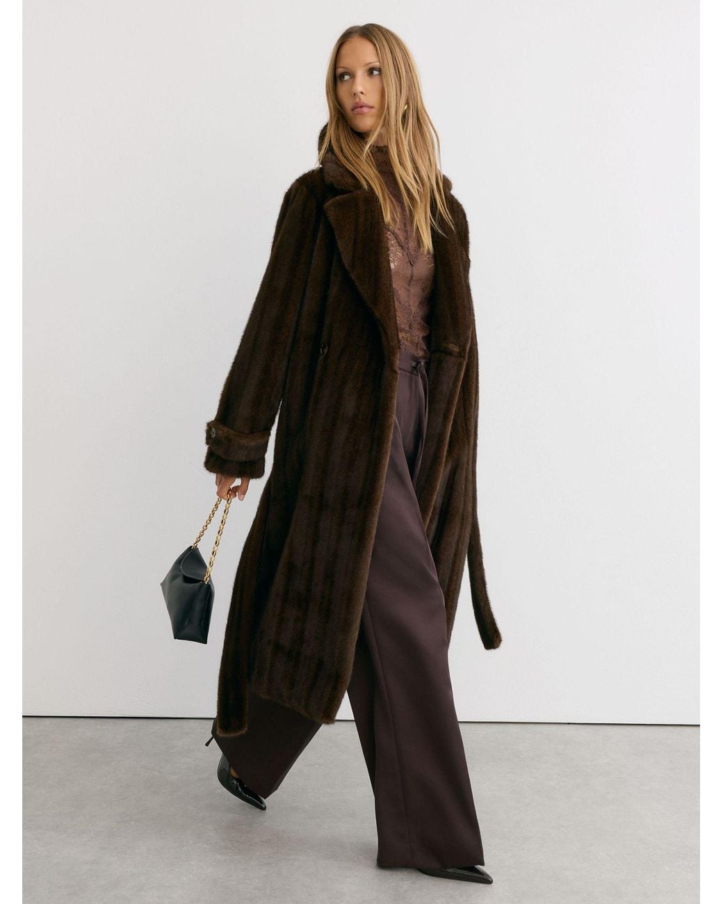 Reiss Black Faux-Fur Double-Breasted Long Coat