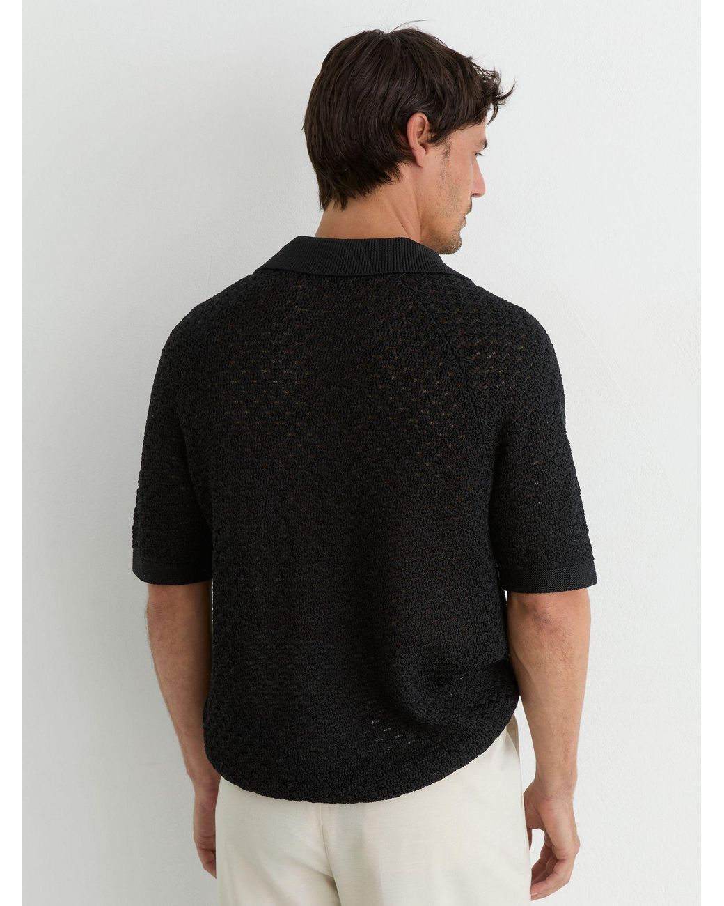 Reiss Black Cotton-Blend Crochet-Knit Polo for men
