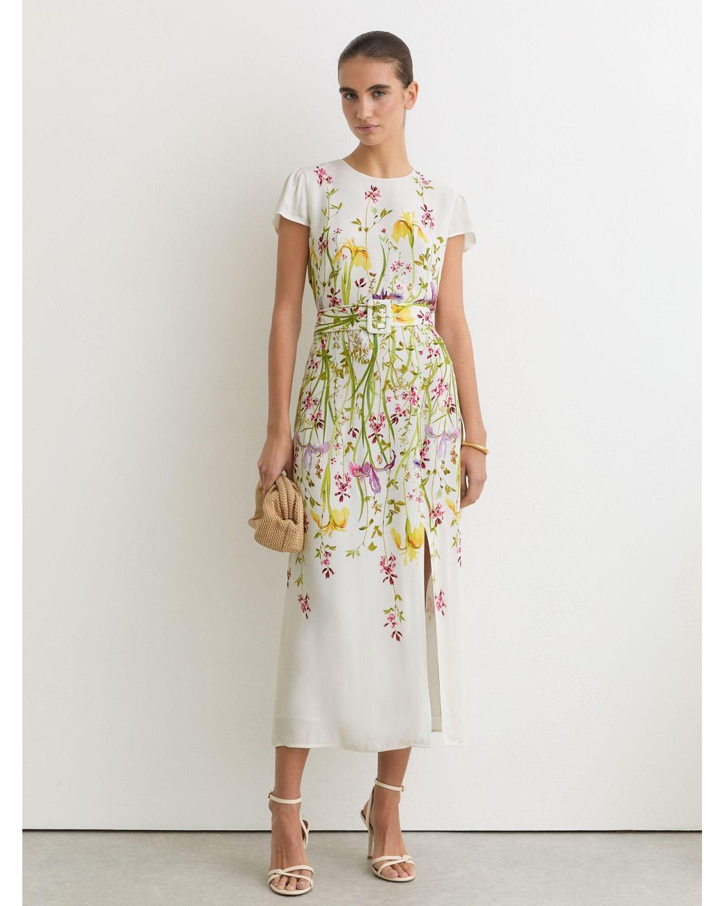 Reiss Natural Cream & Floral-Print Belted Midi Dress