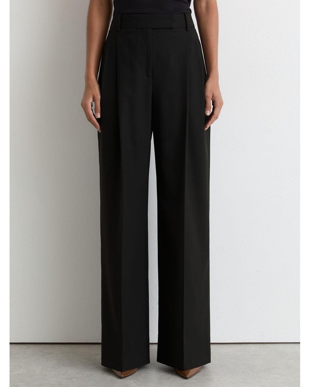 Reiss Black Wool-Blend Wide-Leg Pleated Trousers
