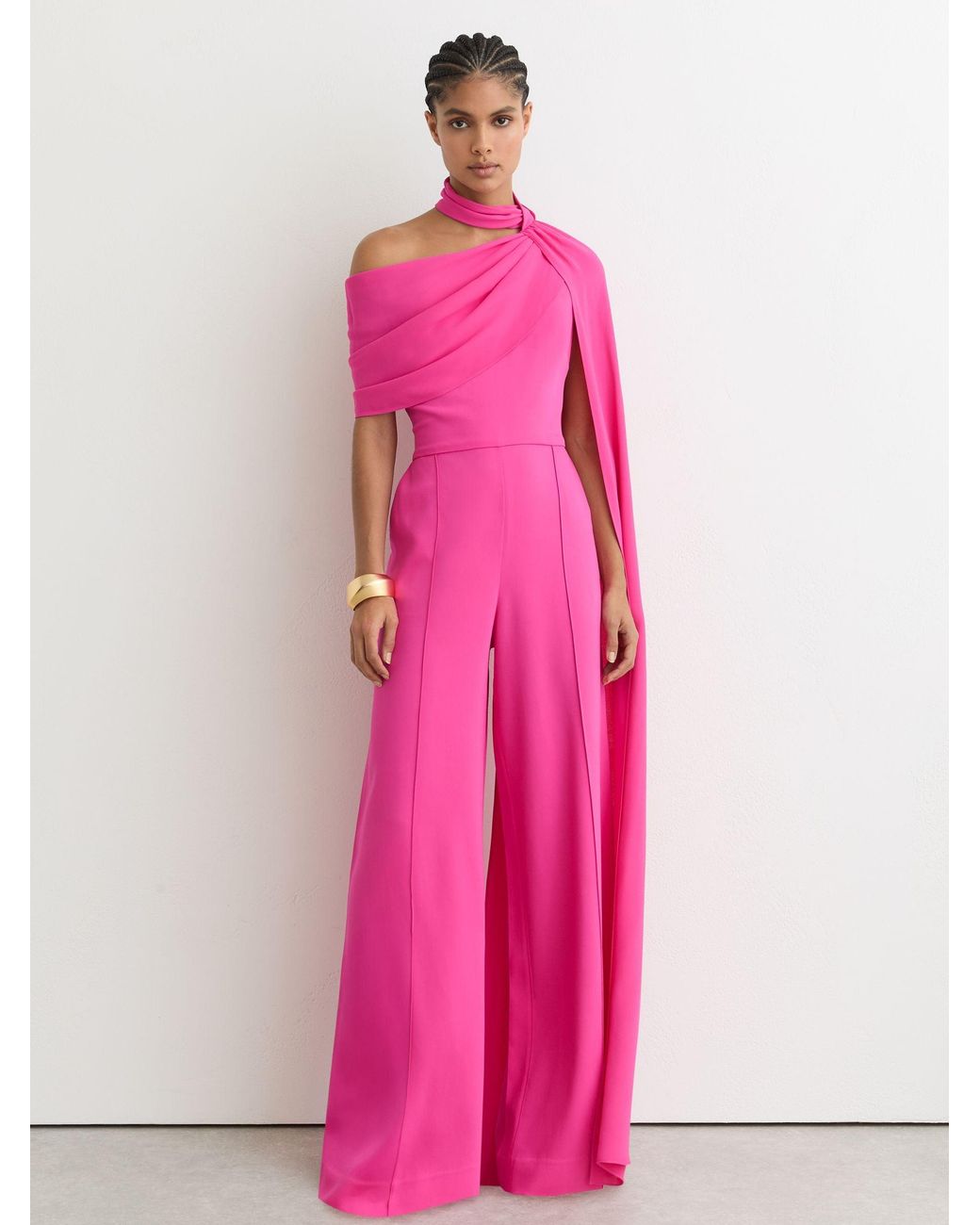Reiss Pink One-Shoulder Drape Wide-Leg Jumpsuit