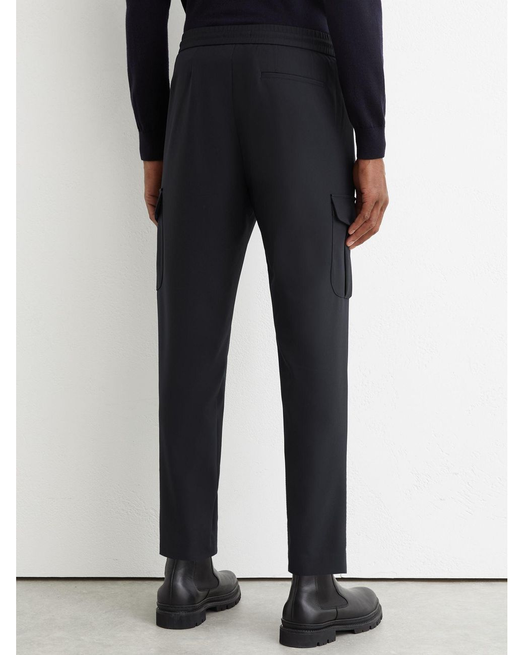 Reiss Black Technical Drawstring Tapered Trousers for men