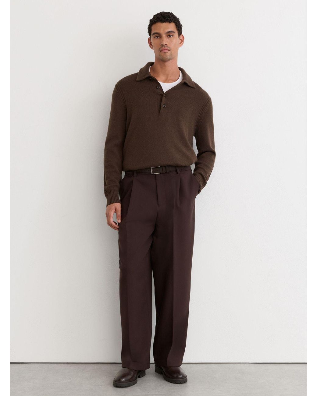 Reiss Brown Wool-Cashmere Half-Button Polo Jumper for men